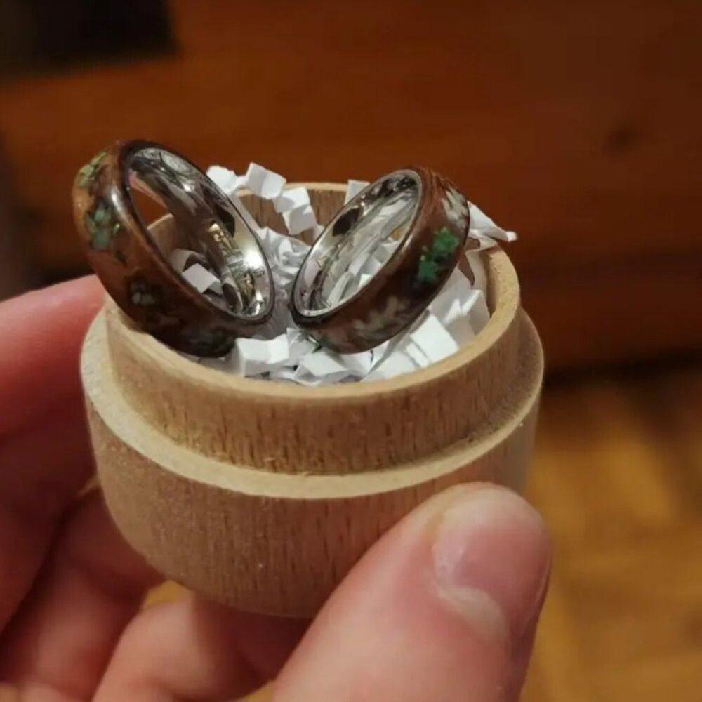 Handmade walnut crushed opal wedding rings $500